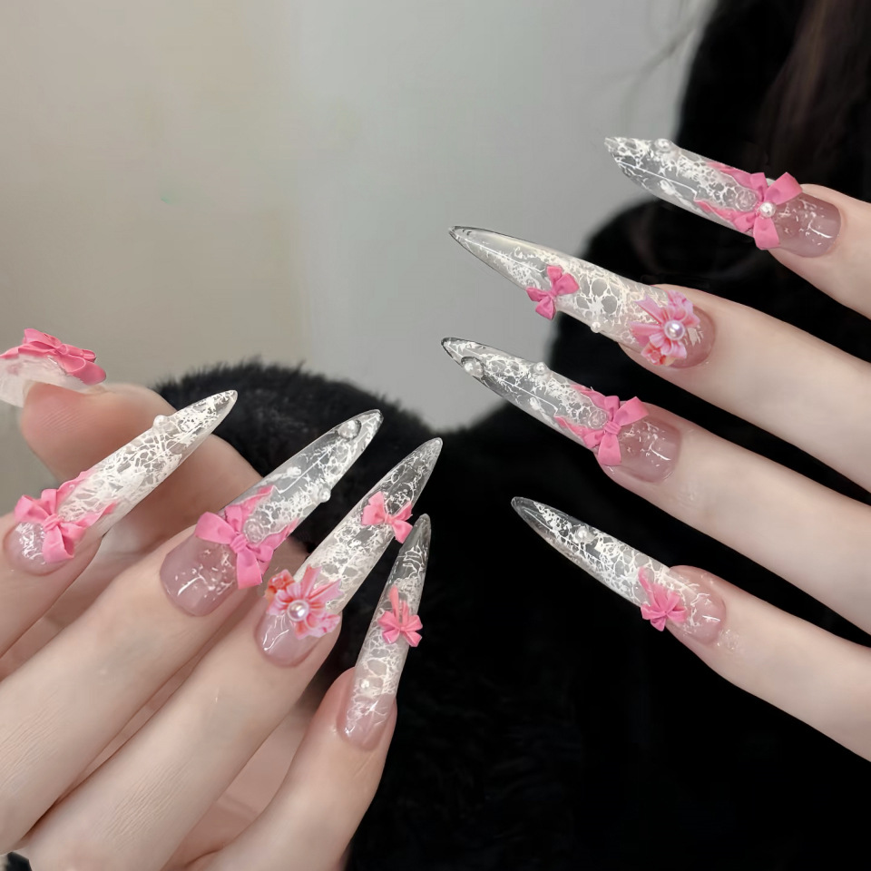 24Pcs Pink White Press On Nail - 3D Printing Ptc ulasan dan harga