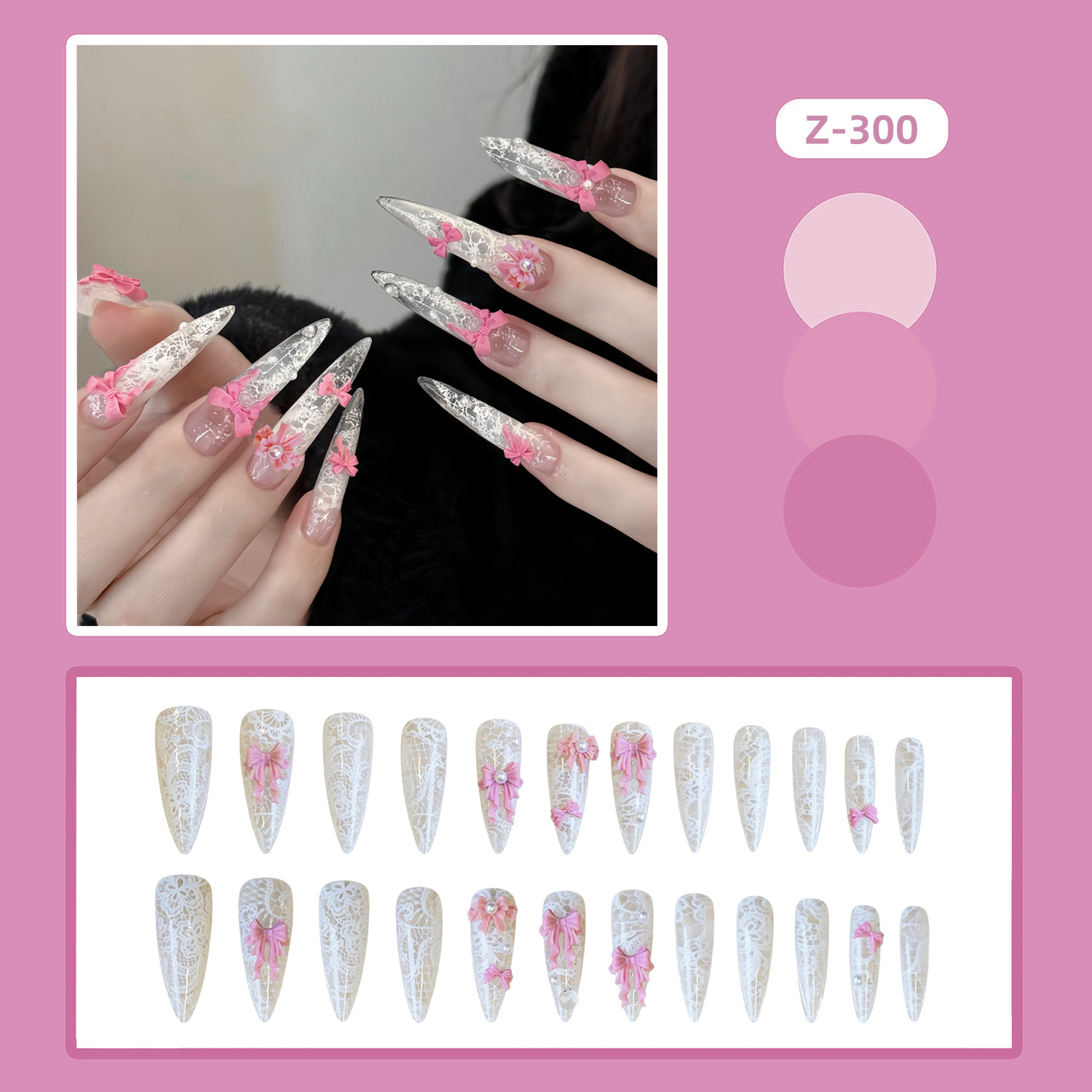 24Pcs Pink White Press On Nail - 3D Printing Ptc ulasan dan harga